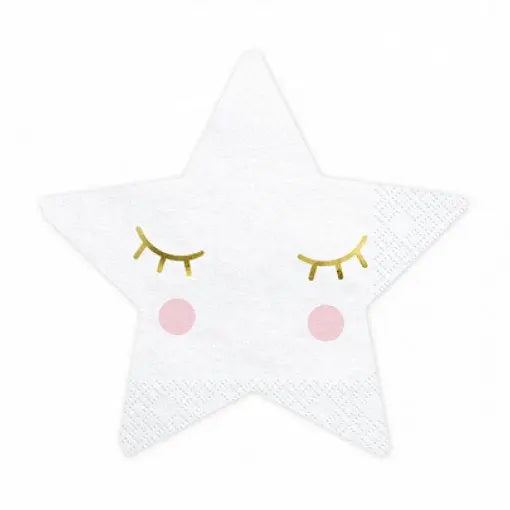 Guardanapos de papel com forma estrela, 16x16cm, para decoração de chá revelação, em cores variadas.