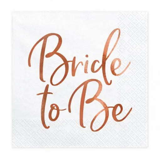 Guardanapos de papel rosa gold com estampa "Bride to Be", tamanho 33x33cm, pacote com 20 unidades.