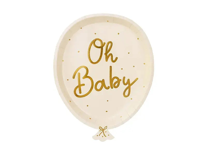 Seis pratos acessórios para chá de revelação, tamanho 17,5x22cm, com tema Oh Baby, decorativos e coloridos.