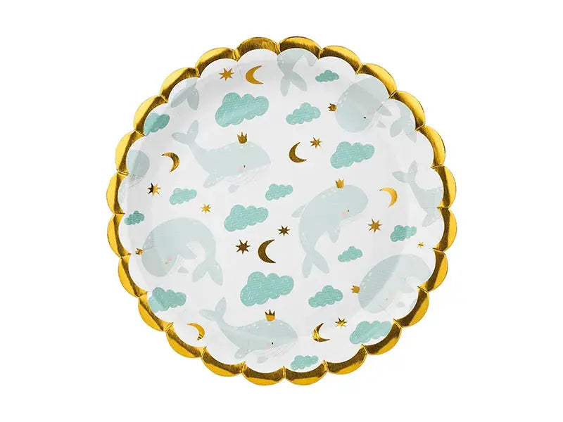 Seis pratos de 18cm com estampa de baleia, acessórios para chá revelação, decorativos e coloridos.