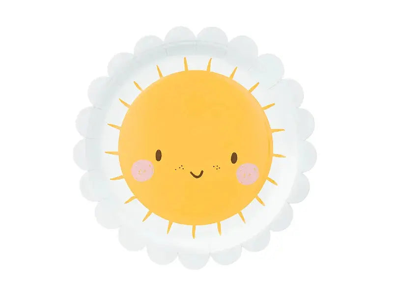 Seis pratos de 18cm com tema sol, acessórios para chá revelação, decorativos e coloridos, ideal para festas temáticas.