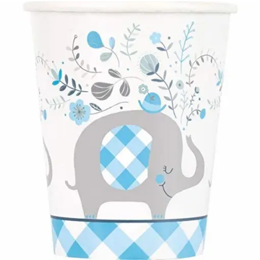 Oito copos de 267ml com estampa floral azul e elefante, acessórios para chá revelação, ideal para festa de bebê.