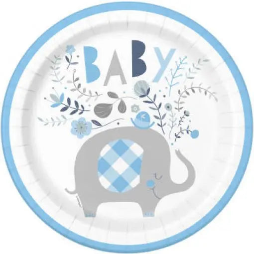 Oito pratos de 23cm com estampa floral azul e elefante, acessórios para chá de bebê, ideal para celebrações infantis.