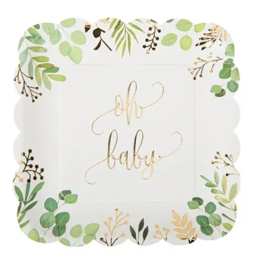 Conjunto de 8 pratos de 23cm para chá revelação com tema Oh Baby, acessórios decorativos para festas.