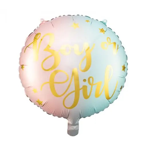 Balão de foil de 35cm com tema menino ou menina, ideal para festas infantis, em cores vibrantes.