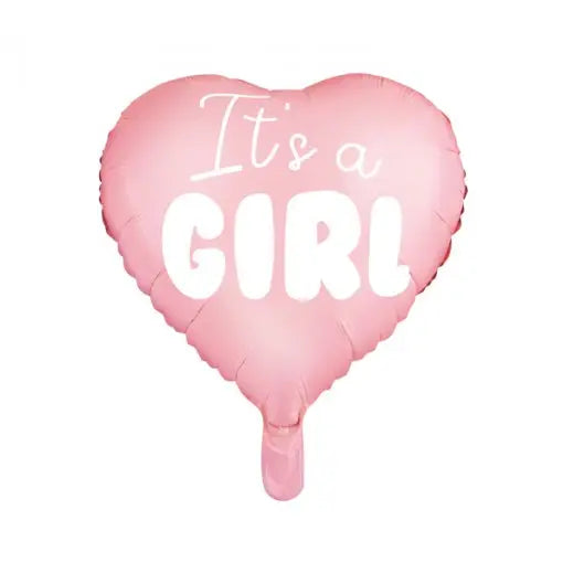 Balão de foil rosa claro em formato de coração com a frase "It's a Girl" para decoração de festa.