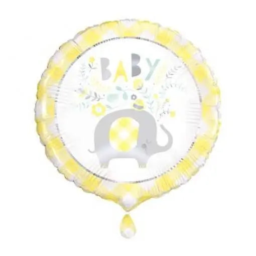 Balão de foil amarelo com estampa floral de elefante, ideal para decoração de chá de bebê.
