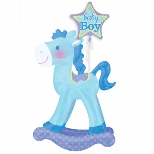 Balão de foil Airwalker cavalo azul para balançar, decorativo e divertido para festas infantis, da marca Loja dos Foguetes.
