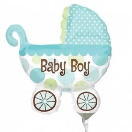 Balão de foil mini formato carrinho de bebê para decoração de baby shower, em cores suaves, ideal para festas temáticas.