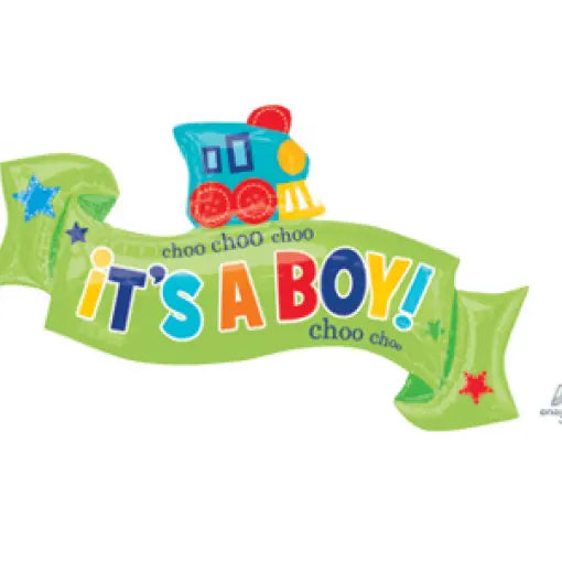 Balão de foil SuperShape Welcome Little Boy, decorativo para festas com tema menino, em cores suaves e detalhes de desenho.