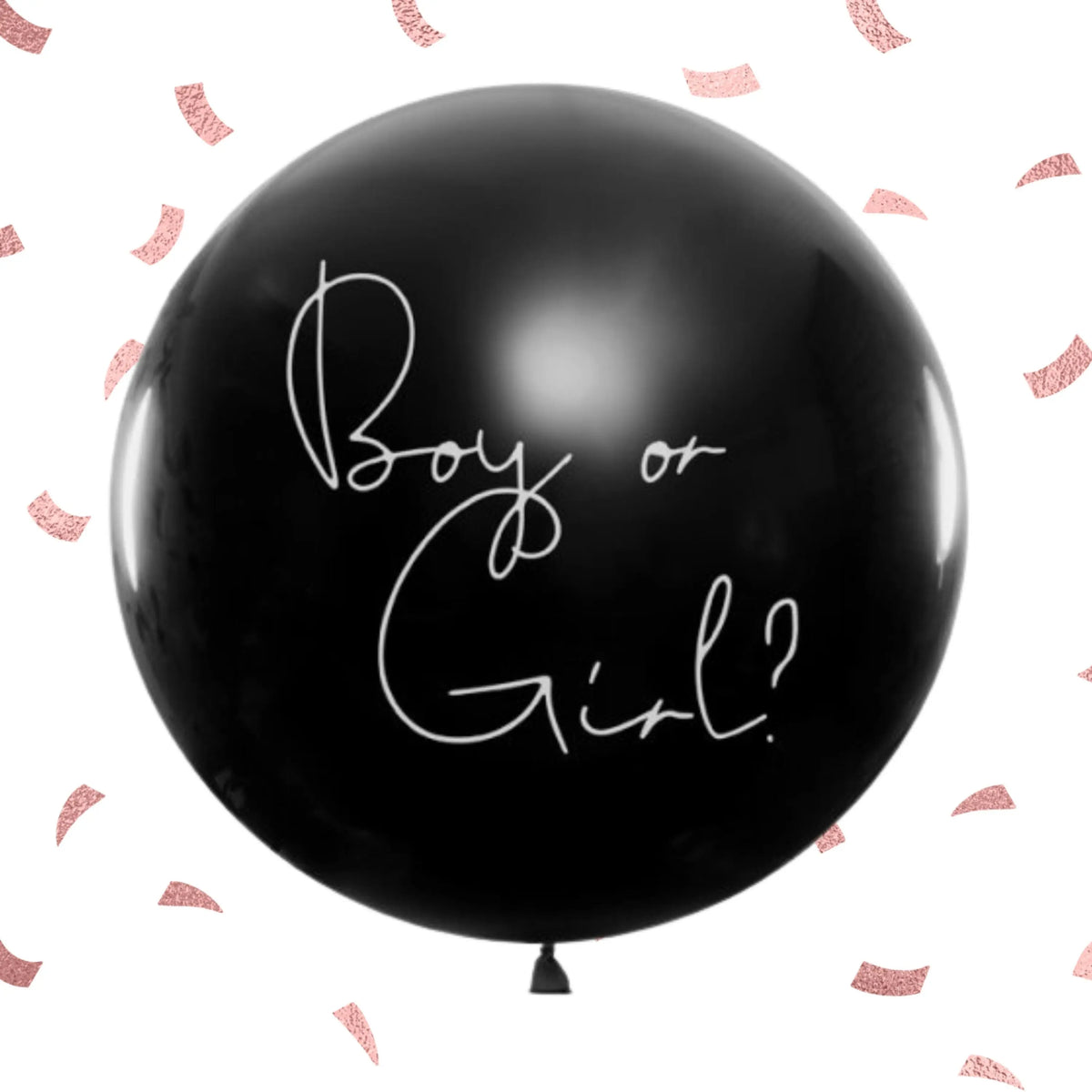 Balão de látex preto de 1m com frase "Boy or Girl" e confetes rosas, ideal para festas de nascimento ou chá de bebê.