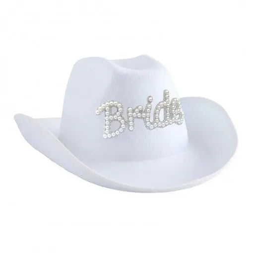 Chapéu branco de cowgirl "Bride" para festas, com detalhes em estilo western, ideal para fantasias de noiva ou eventos temáticos