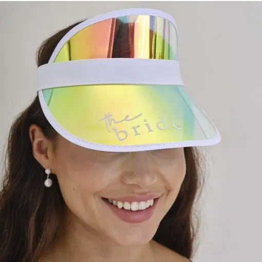 Chapéu com viseira holográfica Bride para despedida de solteira, acessório divertido e brilhante para festas.