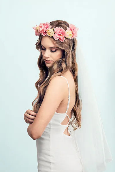 COROA 17CM COM FLORES E VÉU NOIVA
