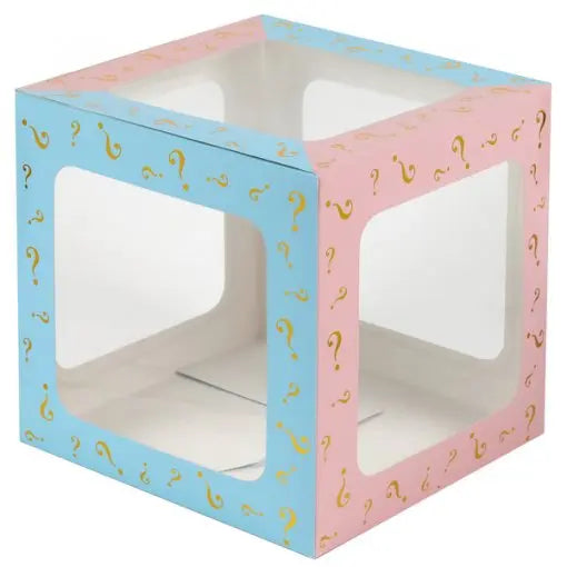 Cubo para balões de chá revelação de 30cm, decoração para festa de chá revelação com design colorido e festivo.