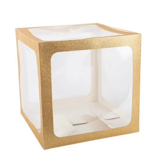 Cubo transparente dourado com glitter para balões, decoração de 30x30x30cm, ideal para festas e eventos sofisticados