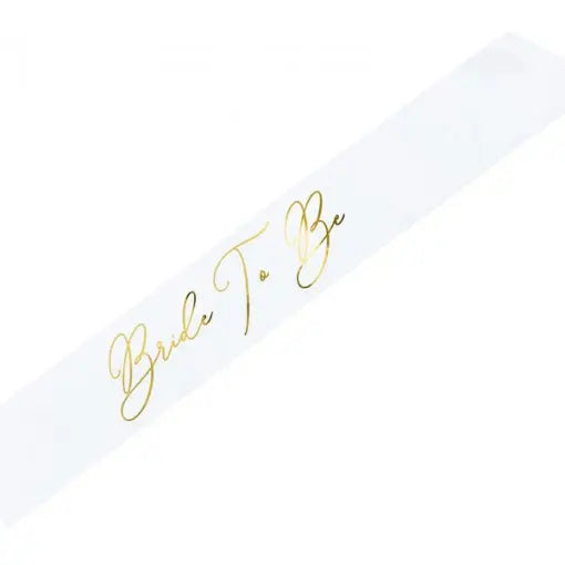 Faixa de corpo branca "Bride to Be" de 75cm, acessório decorativo para festas de casamento.
