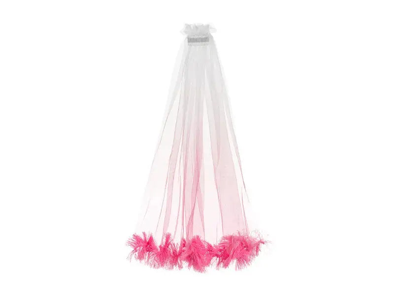 Véu com plumas rosa de 69cm, acessório decorativo com detalhes delicados e elegantes, ideal para fantasias ou eventos especiais.