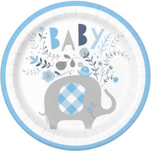 8 PRATOS 23CM BLUE FLORAL ELEPHANT BABY SHOWER