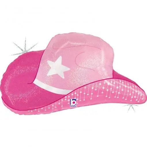 Balão de foil em formato de chapéu de cowgirl, decorativo, com cores vibrantes e detalhes de chapéu de cowboy.