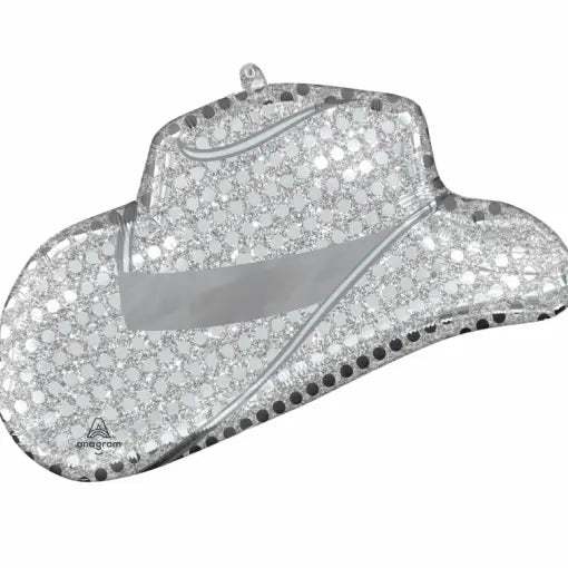 Balão de foil com tema chapéu disco western, decorativo para festas, em cores vibrantes e estilo divertido.