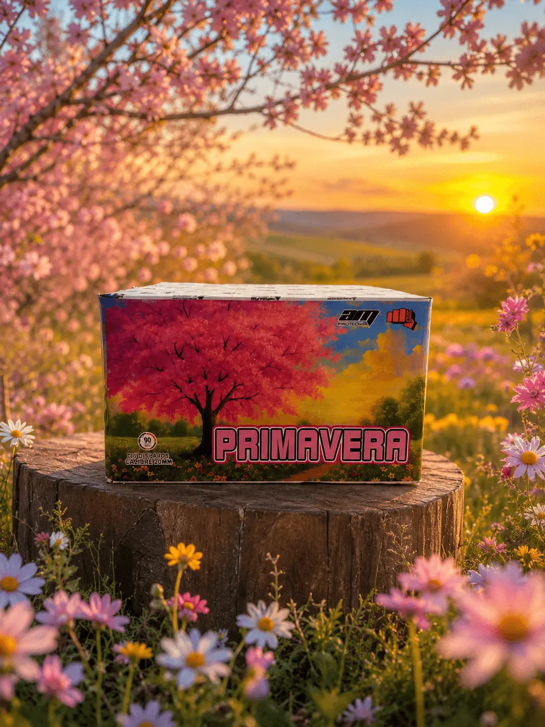 Bateria Primavera 100 disparos de fogos de artifício, com cores vibrantes e efeitos variados, produzida pela Loja dos Foguetes.