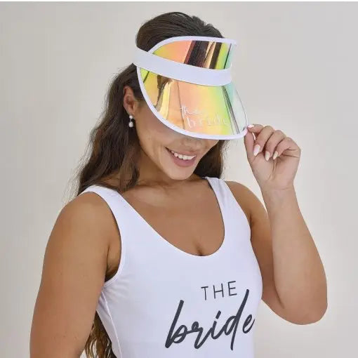 Chapéu com viseira holográfica Bride para despedida de solteira, acessório divertido para festas e celebrações.