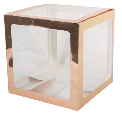 Cubo de decoração transparente com detalhes em Rose Gold para balões, medindo 30x30x30cm, ideal para festas e eventos.
