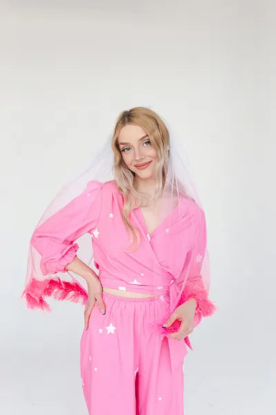 VÉU COM PLUMAS ROSA 69CM