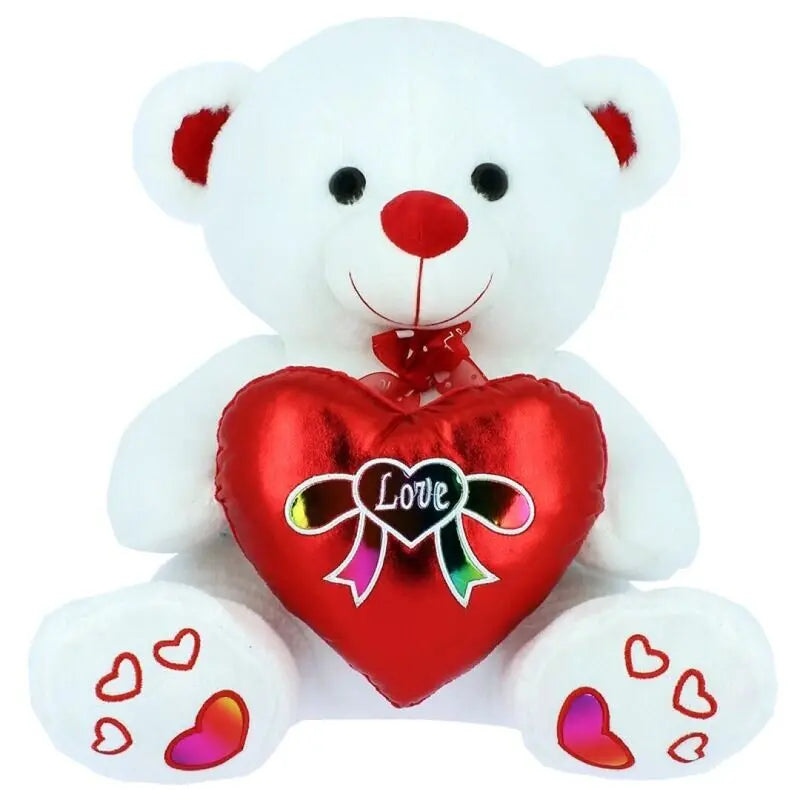 Branco Urso Corações com Brilhantes e Laços 18CM